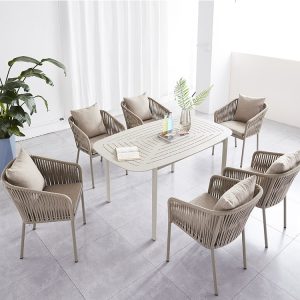 Bộ bàn ghế sân vườn 7 món dây rope, nệm tựa dày, màu nâu nhạt sang trọng