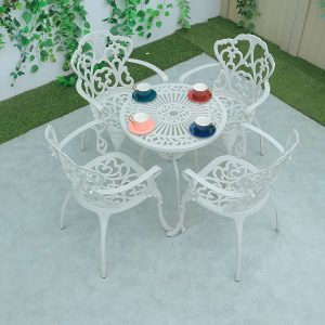Bộ bàn ghế sân vườn nhôm đúc trắng, nệm xanh lá, phù hợp ban công