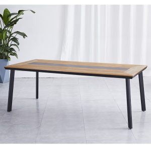 Bàn ăn ngoài trời chữ nhật khung nhôm, mặt bàn nhựa giả gỗ phối dải đen