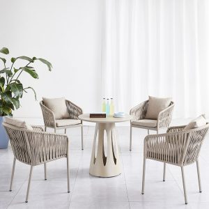 Bộ bàn ghế sân vườn hiện đại, 4 ghế dây rope, nệm tựa êm ái, bàn tròn nhôm