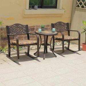 Bộ bàn ghế ngoài trời nhôm đúc, bàn tròn mặt đá, ghế bập bênh thư giãn