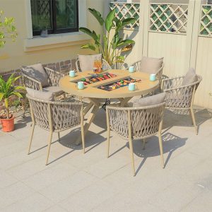 Bộ bàn ghế BBQ ngoài trời 6 ghế dây đan, mặt bàn nhôm giả gỗ sang trọng