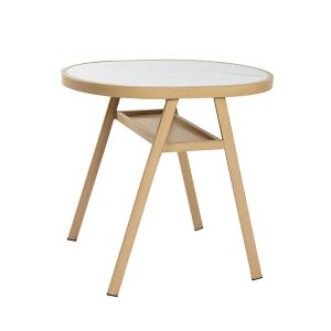 Bàn tròn ngoài trời khung nhôm giả gỗ, mặt kính trắng vân đá