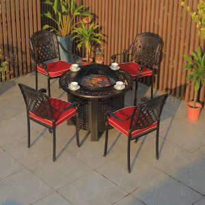 Bộ bàn ghế ngoài trời nhôm đúc, 4 ghế nệm đỏ, bàn tròn có bếp nướng BBQ tiện lợi
