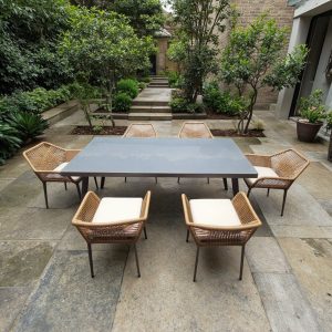 Bộ bàn ghế sân vườn 7 món hiện đại, mặt bàn kính xám, ghế đan tay tinh xảo