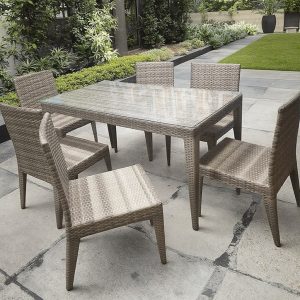 Bộ bàn ghế giả mây 6 ghế màu ghi xám, mặt bàn kính cường lực, dùng ngoài trời