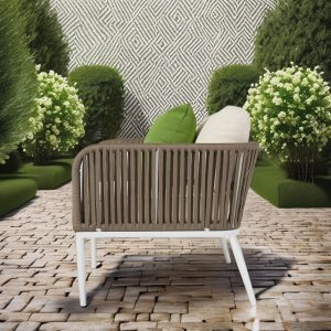 Góc nhìn ngang ghế đơn sofa ngoài trời dây rope, khung trắng sang trọng