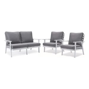 Bộ sofa ngoài trời 1 ghế đôi và 2 ghế đơn khung nhôm trắng, nệm ghi xám