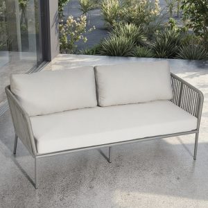 Sofa đôi ngoài trời khung nhôm dây rope, nệm màu ghi sáng, thiết kế hiện đại