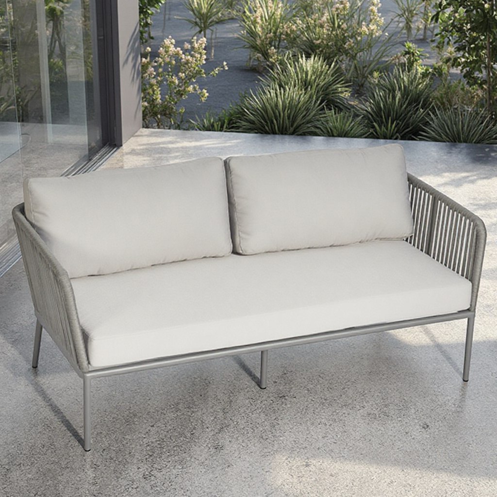 Sofa đôi ngoài trời khung nhôm dây rope, nệm màu ghi sáng, thiết kế hiện đại