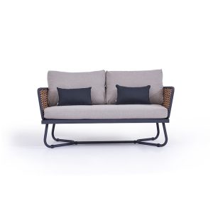 Sofa đôi ngoài trời nệm dày màu ghi, gối tựa đen, khung nhôm đan dây mây