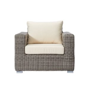 Ghế đơn sofa ngoài trời giả mây xám, nệm kem dày êm ái