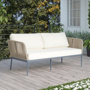 Sofa đôi ngoài trời dây rope khung nhôm, nệm kem trên ban công