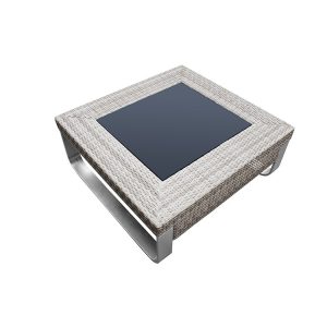 Bàn trà vuông ngoài trời, mặt kính cường lực, khung nhôm và đan nhựa giả mây
