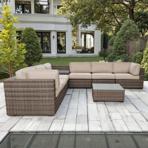 Sofa giả mây ngoài trời màu nâu, nệm kem, thiết kế góc L rộng rãi