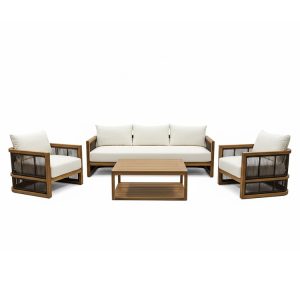 Bộ sofa sân vườn gỗ teak 4 món, nệm kem, chụp nền trắng rõ chi tiết sản phẩm