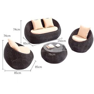 Hình ảnh kích thước thực tế bộ sofa sân vườn giả mây màu nâu đậm: sofa đôi 150x85x74cm, ghế đơn 85x85x74cm, bàn trà 76cm