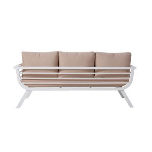 Mặt trước sofa băng 3 chỗ nhôm trắng, nệm be, thiết kế thanh lịch