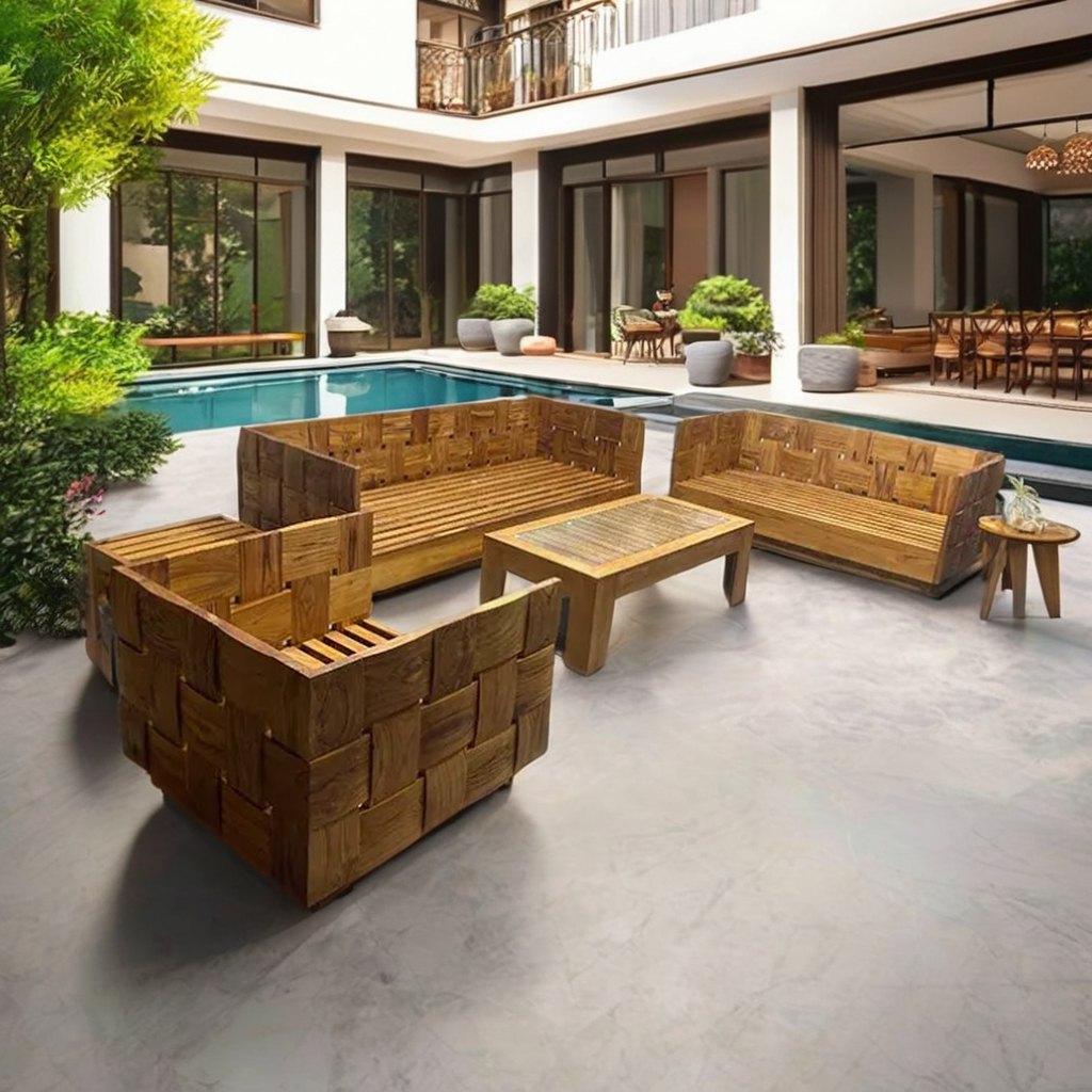 Bộ sofa gỗ ngoài trời, thiết kế hiện đại, không nệm, bàn trà gỗ vuông