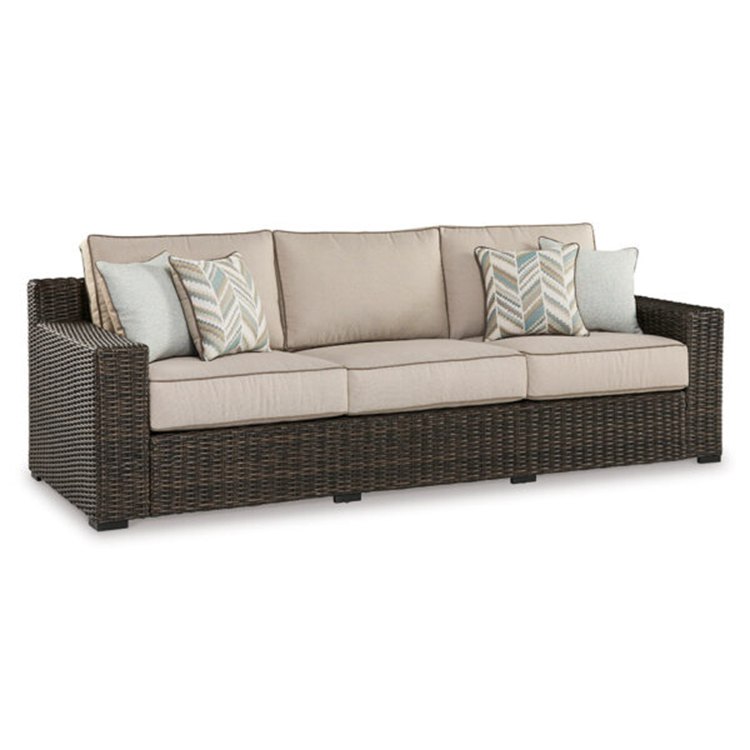 Sofa dài 3 chỗ giả mây ngoài trời, nệm kem, gối tựa phối họa tiết hiện đại