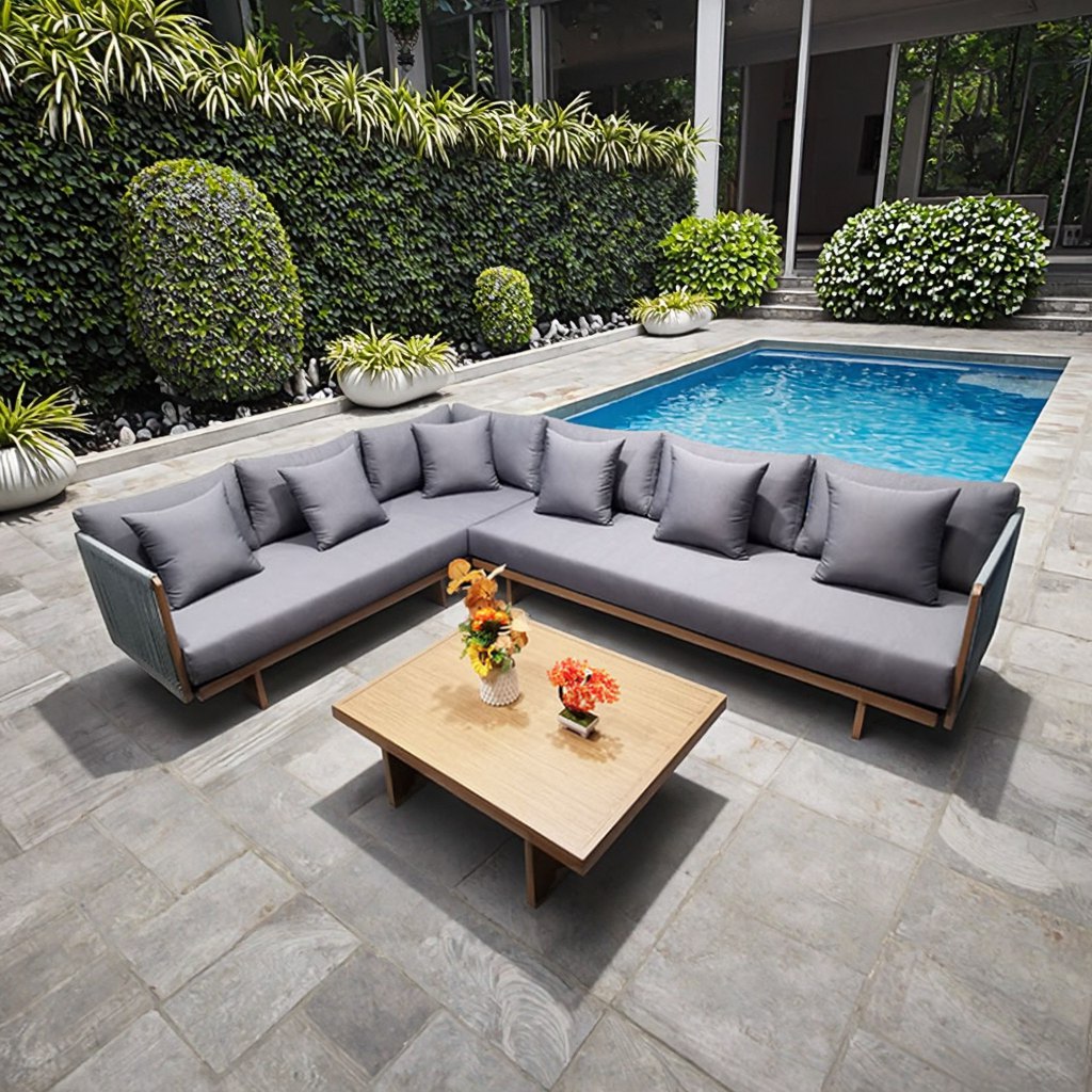 Sofa góc L ngoài trời hiện đại, nệm ghi xám, bàn trà gỗ vuông, đặt cạnh hồ bơi sang trọng
