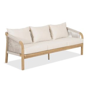 Sofa 3 chỗ ngoài trời gỗ teak, nệm dày màu ghi nhạt, thiết kế hiện đại