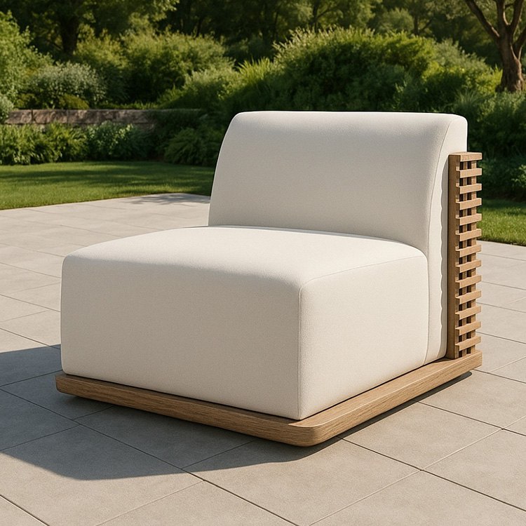 Ghế đơn sofa ngoài trời gỗ teak, nệm màu ghi sáng, phong cách hiện đại