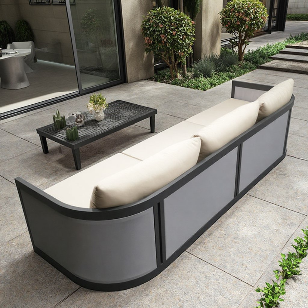 Mặt sau sofa ngoài trời nhôm, thiết kế bo cong, bàn trà mặt nan