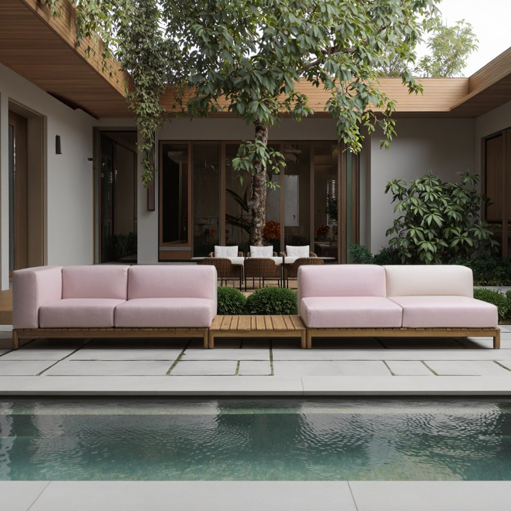 Bộ sofa ngoài trời màu hồng nhạt, thiết kế module, đặt cạnh hồ bơi biệt thự