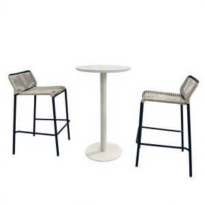 Bộ 2 ghế bar ngoài trời khung đen dây đan ghi và bàn tròn trắng, thiết kế tối giản