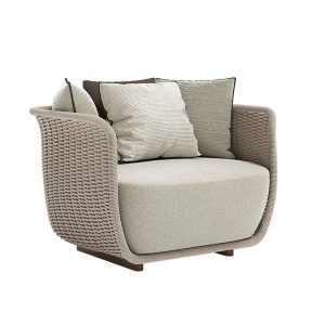 Ghế đơn sofa ngoài trời giả mây màu kem, nệm dày, gối tựa êm ái, phong cách hiện đại