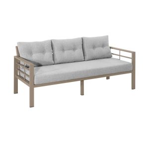 Sofa 3 chỗ ngoài trời khung nhôm màu be, nệm ghi dày dặn