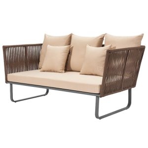 Sofa đôi sân vườn dây rope khung nhôm, nệm kem, phong cách hiện đại