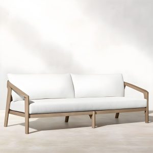 Sofa đôi ngoài trời khung gỗ, nệm trắng, thiết kế tối giản sang trọng