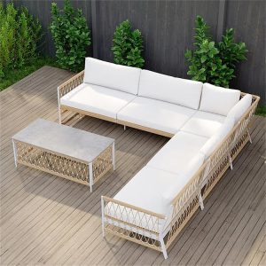 Sofa góc L ngoài trời, khung nhôm đan dây, bàn mặt đá, phù hợp không gian rộng
