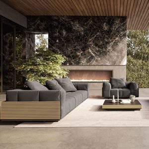 Bộ sofa sân vườn hiện đại đặt trong không gian biệt thự sang trọng, phối màu đen và vàng gỗ