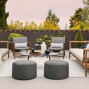 Bộ sofa sân vườn gỗ teak phối 2 ghế đơn, 2 sofa dài, bàn trà oval và 2 ghế đôn tròn