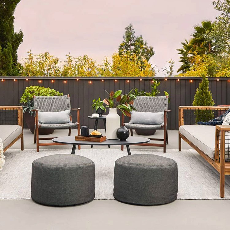 Bộ sofa sân vườn gỗ teak phối 2 ghế đơn, 2 sofa dài, bàn trà oval và 2 ghế đôn tròn