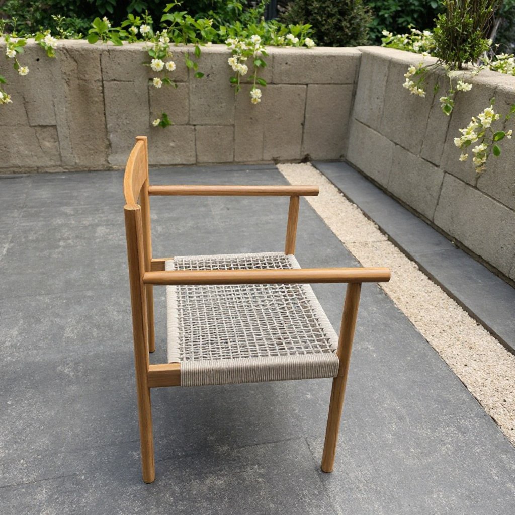 Ghế ngoài trời khung gỗ tự nhiên, dây đan chắc chắn, nhìn ngang