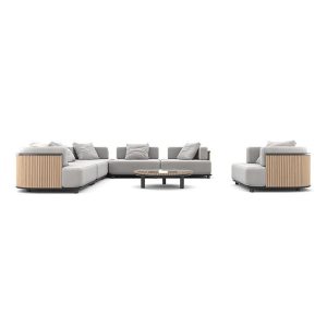 Nhìn trực diện bộ sofa ngoài trời góc L, thiết kế hiện đại, nệm dày
