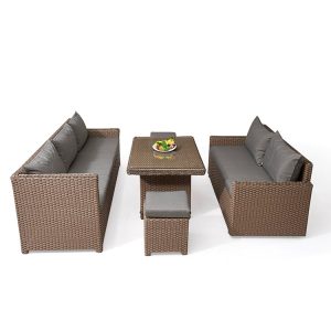 Bộ sofa sân vườn giả mây, bố trí song song, bàn kính giữa