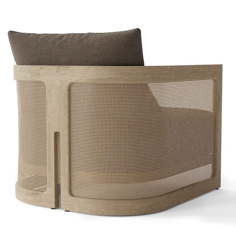 Mặt sau ghế đơn sofa ngoài trời, khung gỗ teak đan lưới mây nhựa