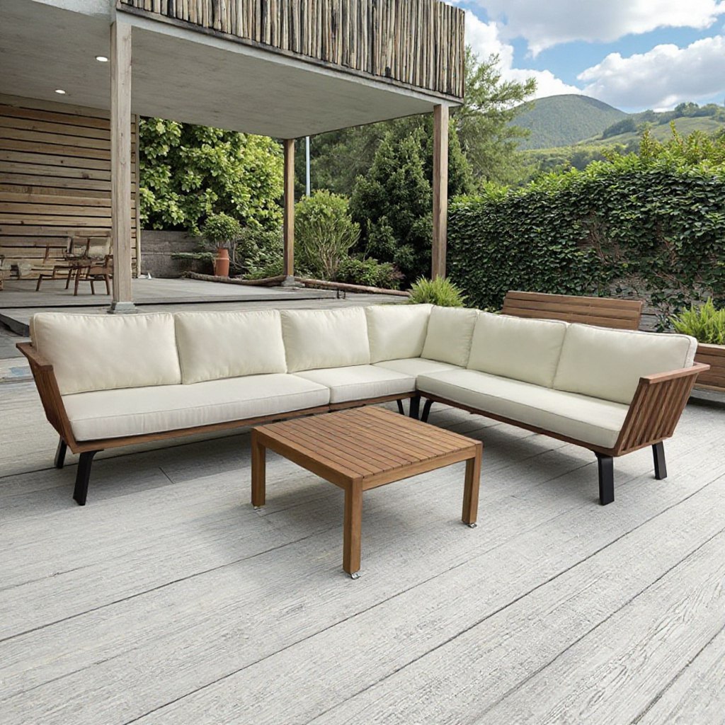 Bộ sofa sân vườn góc L, nệm kem, bàn trà gỗ, không gian ngoài trời xanh mát