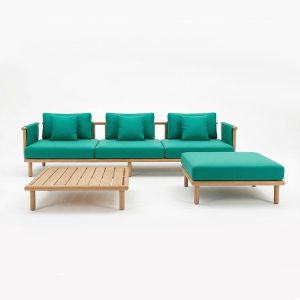Bộ sofa ngoài trời màu xanh ngọc, 1 ghế dài + 1 đôn + bàn trà nan gỗ, phong cách hiện đại