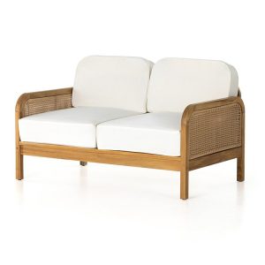 Sofa đôi sân vườn gỗ teak đan mây nhựa, nệm trắng sang trọng