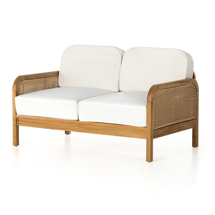 Sofa đôi sân vườn gỗ teak đan mây nhựa, nệm trắng sang trọng