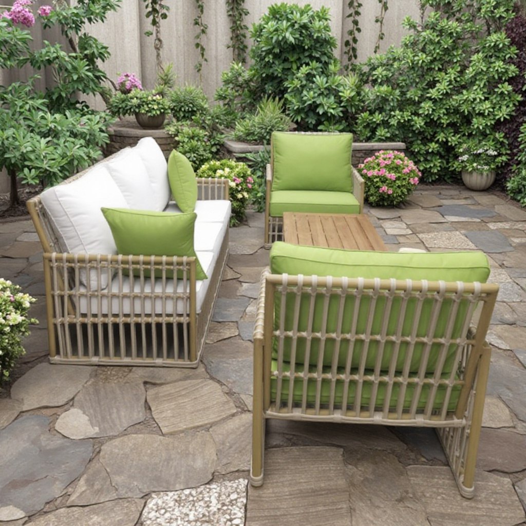 Sofa sân vườn 4 món, khung giả mây, nệm xanh trắng, đặt trong khu vườn nhiều hoa lá
