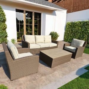 Bộ bàn ghế sân vườn giả mây, nệm kem, bàn trà mặt gỗ, phong cách tối giản