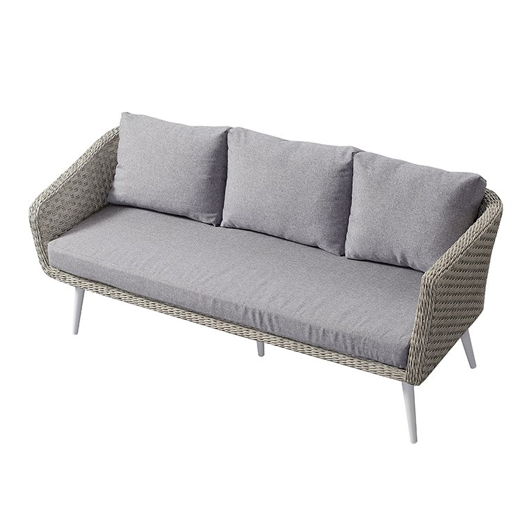 Sofa ngoài trời 3 chỗ đan giả mây, nệm ghi xám, khung nhôm