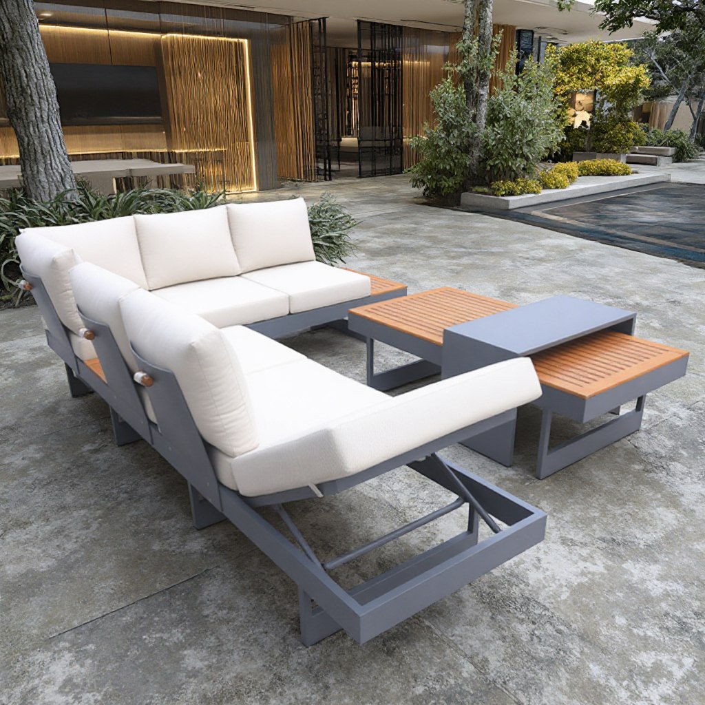 Sofa ngoài trời hiện đại, khung nhôm xám, mặt gỗ teak, nệm trắng, bố trí sân vườn biệt thự